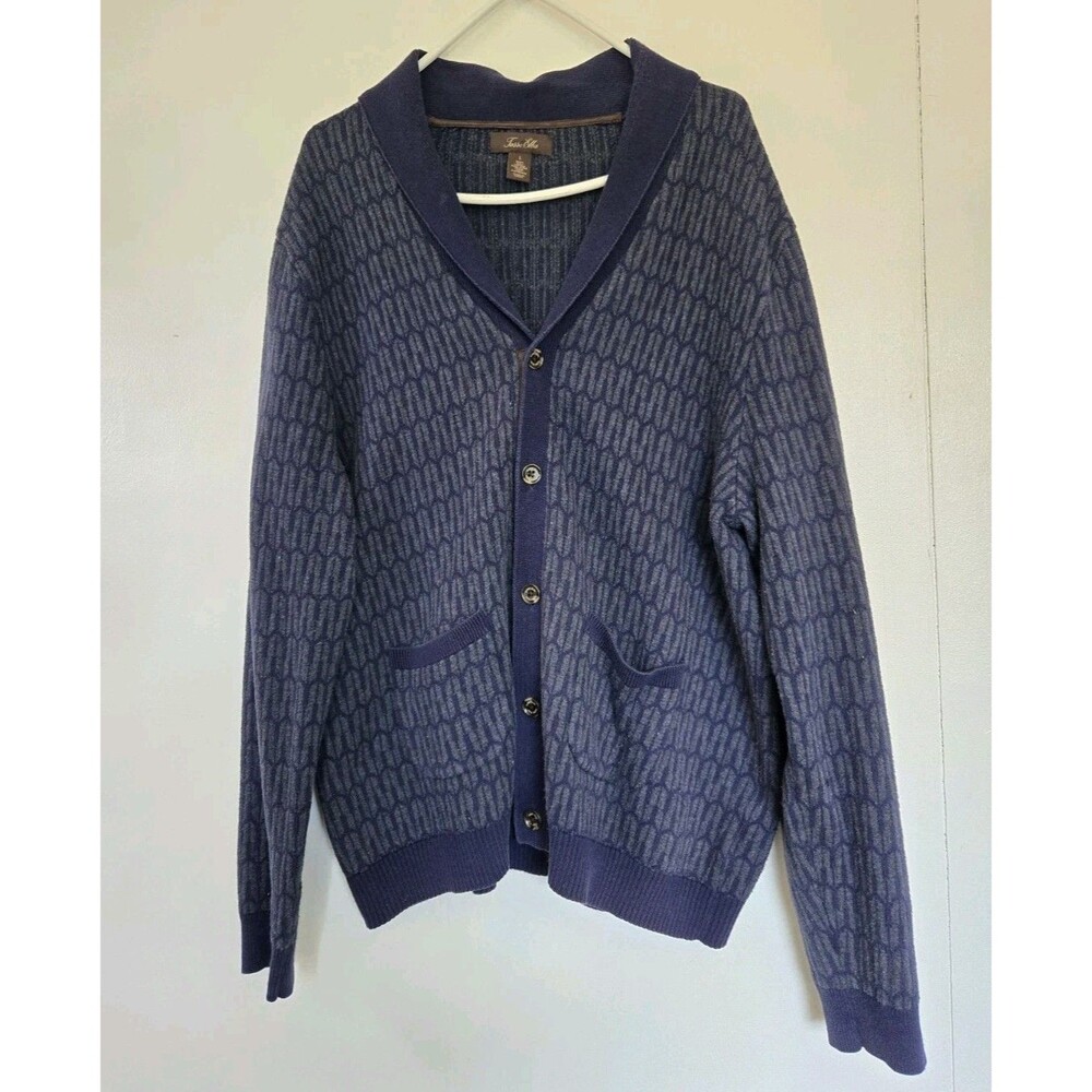 Vintage Tasso Elba Cardigan Mens L Zig Zag Geometric Grandpa Sweater Pocket Blue